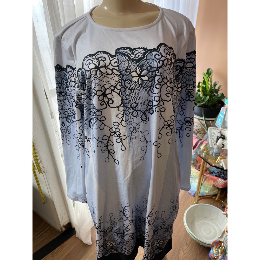 ShallWe Womens 2XL Blue White Lace Print Long Sleeve Tunic Dress NWT